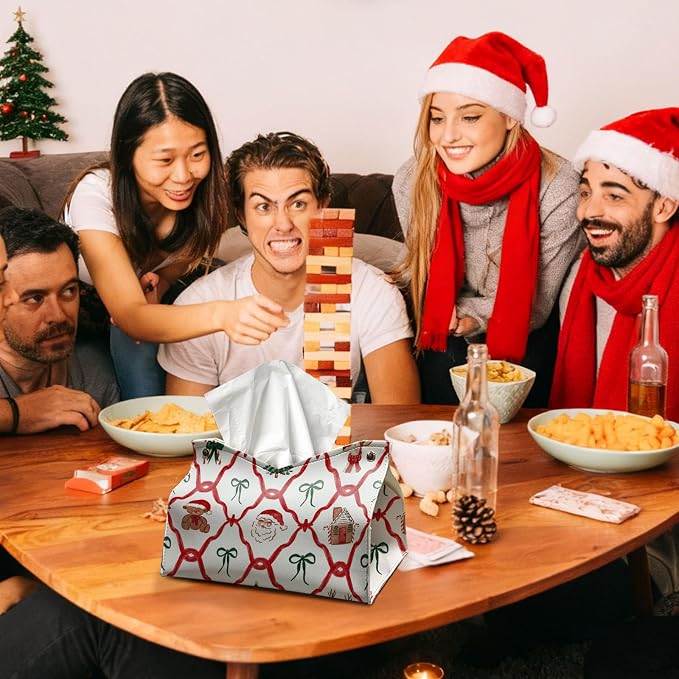 Christmas Tissue Box Cover Rectangle, Santa Bows Winter PU Leather Tissue - Image 6