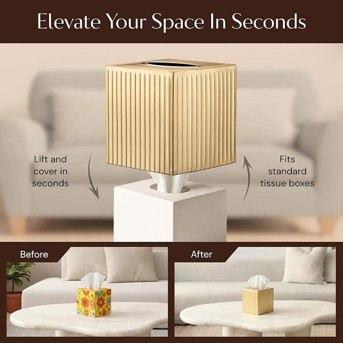 Monarch Abode Tissue Box Cover Square – Handcrafted Ridge Embossed Brushed Gold - Image 6