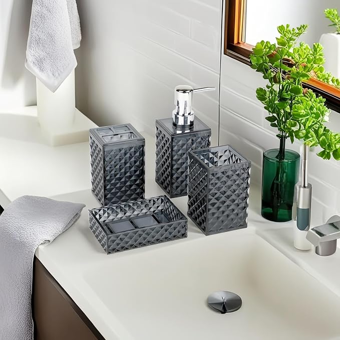 Bathroom Accessories Set, Diamond Pattern Soap Dispenser and Toothbrush Holder - Image 5
