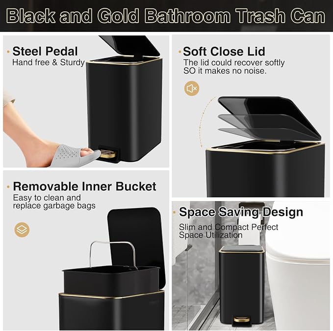 Black Bathroom Accessories 8 Piece Black and Gold Bathroom Set, Bathroom - Image 3