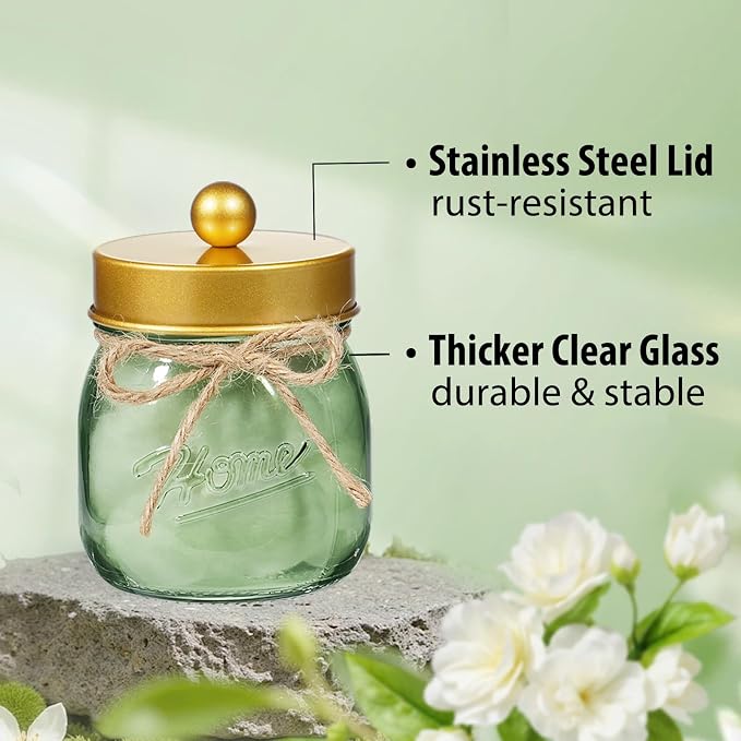 SheeChung Green Glass Qtip Holder Dispenser, Mason Jar Apothecary Jars - Image 6