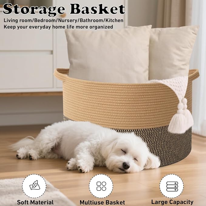 65L Large Blanket Basket, 19.7" L x 19.7" W x 13" H Rope Woven Baskets - Image 6
