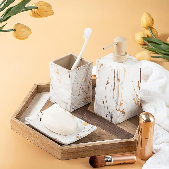 Bathroom Accessories Set 4 Pcs Marble Look Sets Toothbrush Holder Soap - Image 5