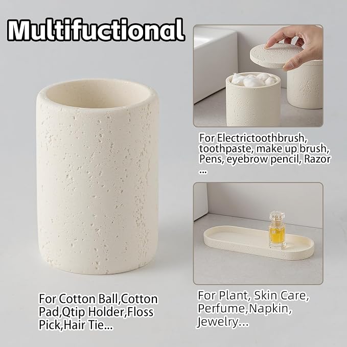 Bathroom Accessories Set, Travertine Stone-Look, Toothbrush Holder, Vanity Tray - Image 4