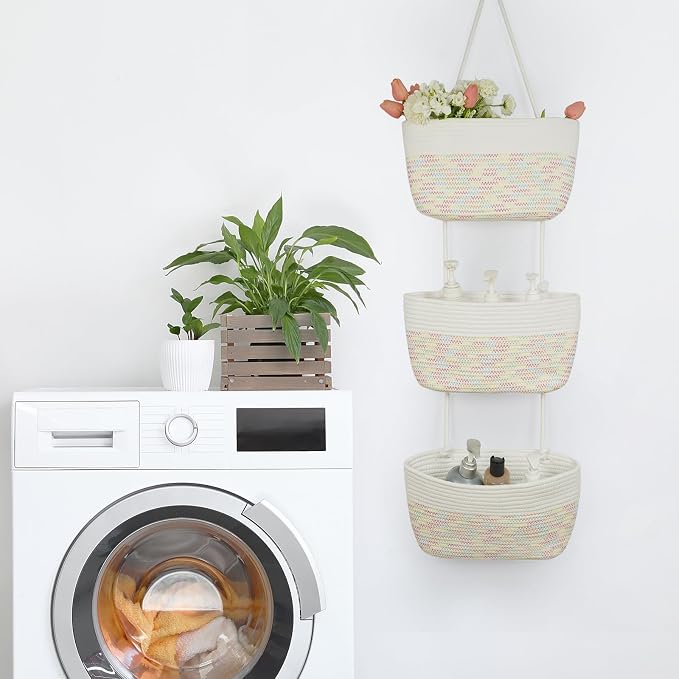 TeoKJ 3-Tier Woven Cotton Wall-Mounted Hanging Storage Baskets, Over the Door - Image 7