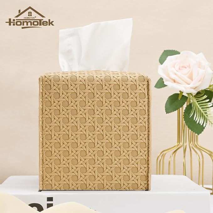 HOMOTEK 2 Pack Tissue Box Cover, Square PU Leather Tissue Holder, Decorative - Image 4