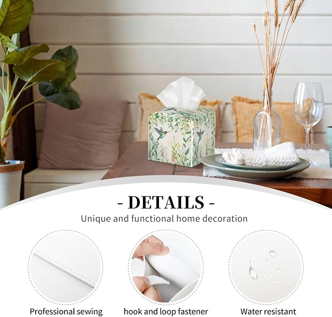 Green Leaves Hummingbird Spring Tissue Box Cover Watercolor Floral Square - Image 3