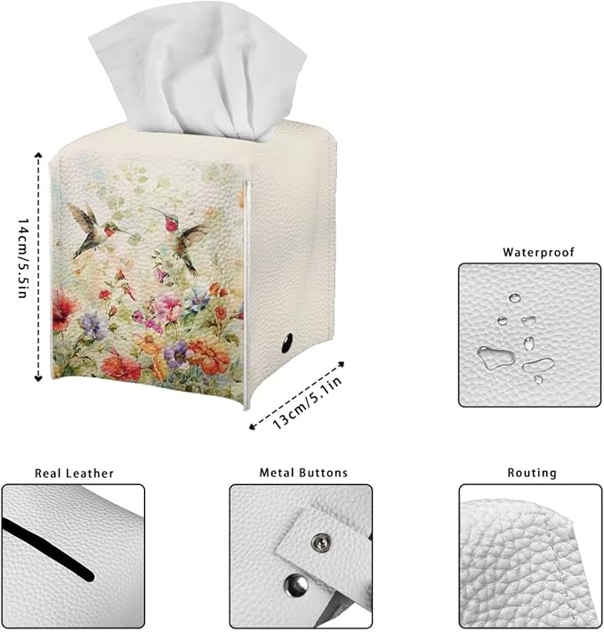 Bird Flowers Luxury Tissue Box Cover, Elegant PU Leather Square Tissue Case - Image 7