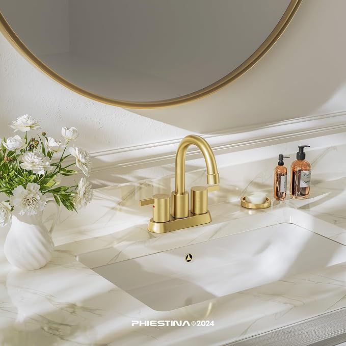 Phiestina Brushed Gold 4 Inch 2 Handle Centerset Lead-Free Bathroom Faucet 2 - Image 7