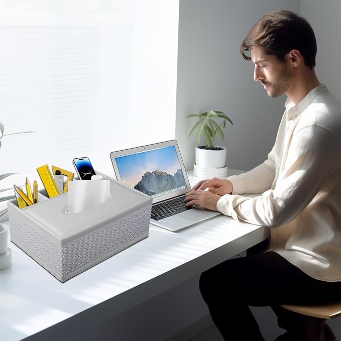 Tissue Box Cover Rectangle White Kleenex Box Holder PU Leather Facial Tissue - Image 2