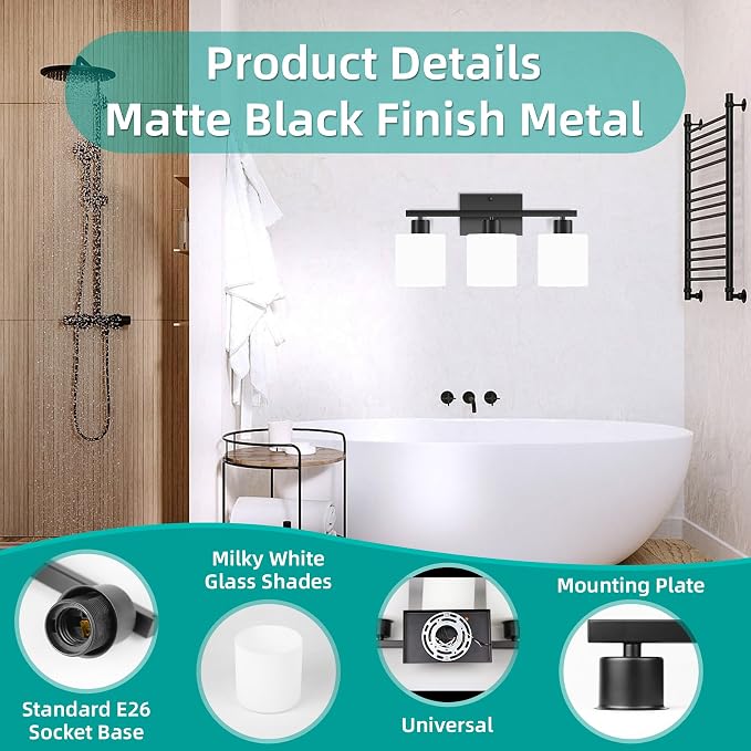 CANMEIJIA 3-Light Bathroom Vanity Light Fixtures, Matte Black Vanity Wall - Image 2