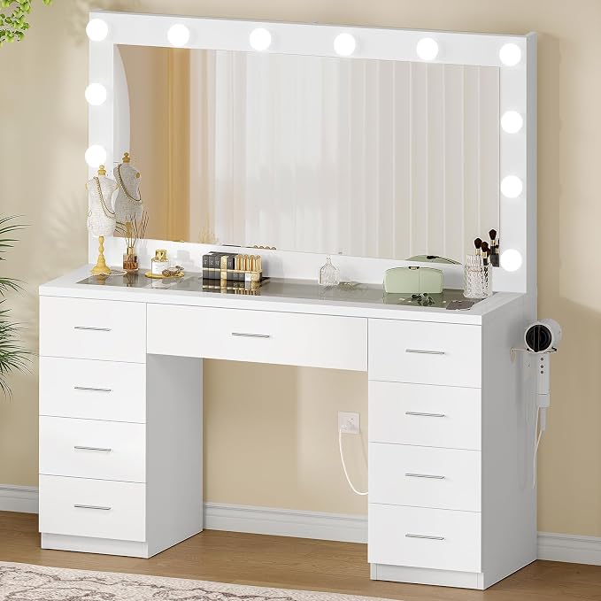 Quimoo Vanity Desk with Glass Top & Large Lights Mirror, 3 Adjustable Lighting - Image 2