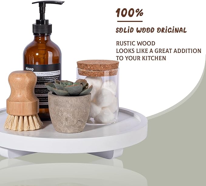Round Decorative Tray Wood Bathroom Counter Organizer Farmhouse Kitchen Decor - Image 4