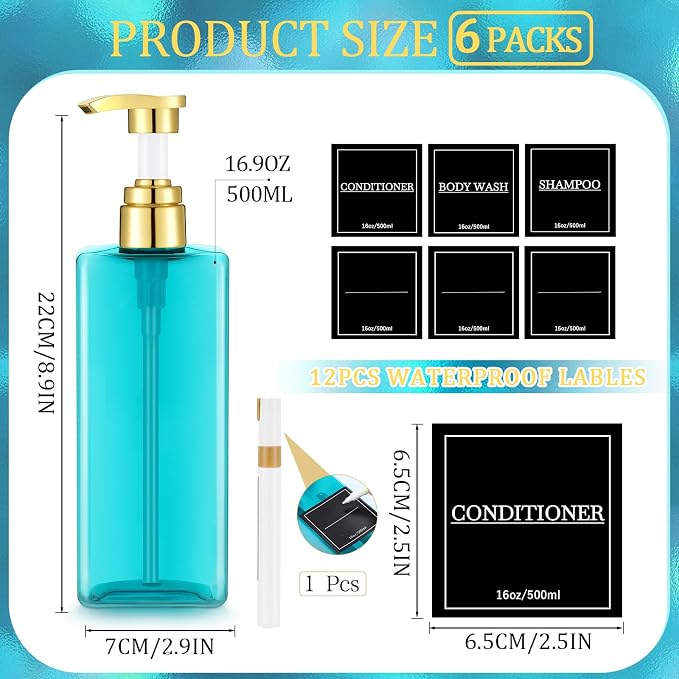 Gejoy 12 Pack Blue Shampoo and Conditioner Dispenser Bottles, 17 Oz/ 500ml - Image 2
