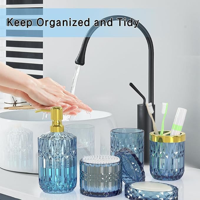 Blue Bathroom Accessories 5 Pcs, Glass Bathroom Accessory Set, Vintage Blue - Image 4