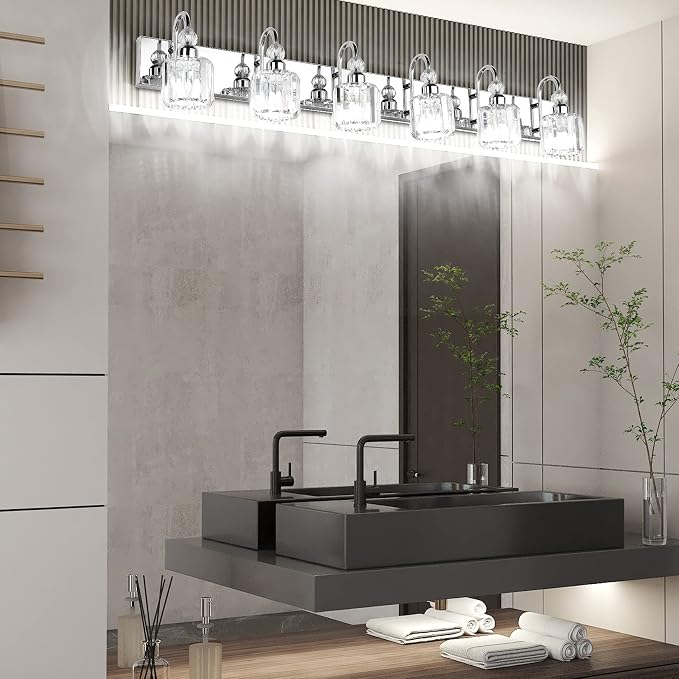 Ralbay 6-Lights Stainless Steel Crystal Bathroom Vanity Lights Over Long Mirror - Image 6