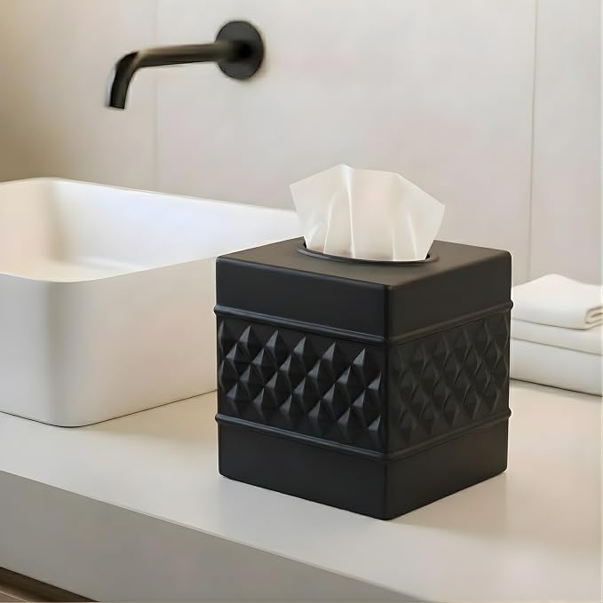 Monarch Abode Tissue Box Cover Square – Handcrafted Geo Embossed Black Metal - Image 3