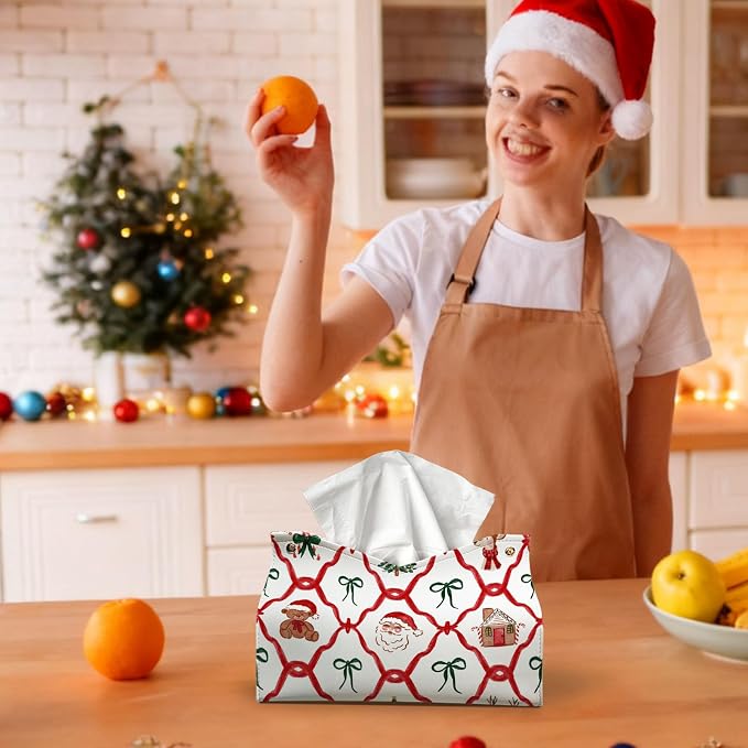 Christmas Tissue Box Cover Rectangle, Santa Bows Winter PU Leather Tissue - Image 4