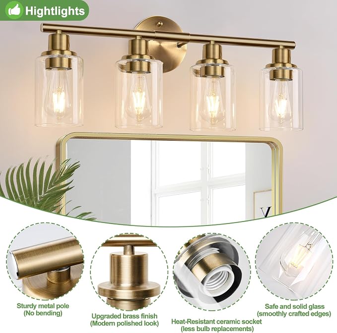 4-Light Bathroom Light Fixtures, Brushed Brass Modern Vanity Lights - Image 4