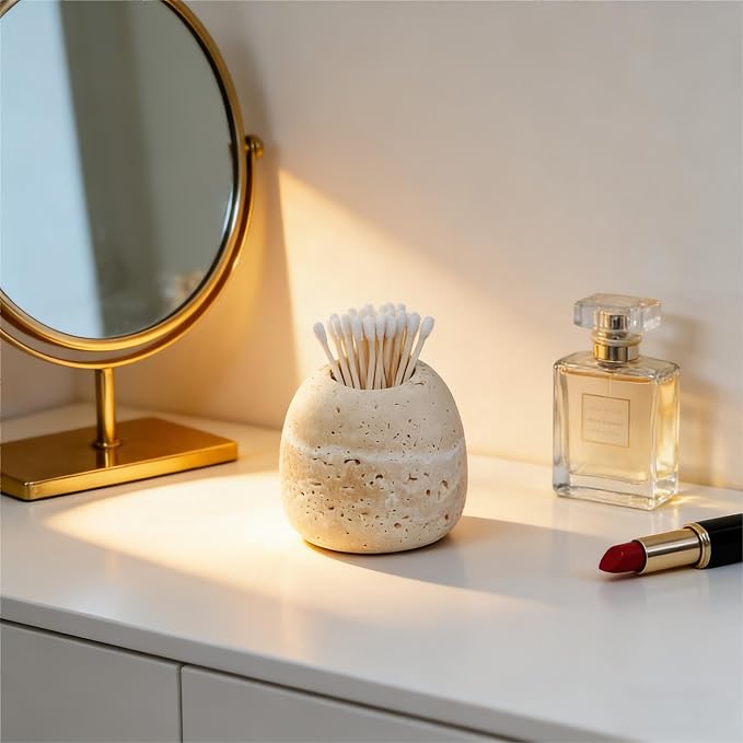 Travertine Match and Toothpick Holder Cute Beige Multi-Purpose Storage Jar - Image 5