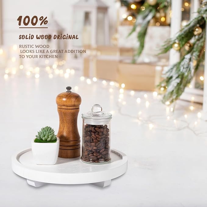 Round Decorative Tray Wood Bathroom Counter Organizer Farmhouse Kitchen Decor - Image 3