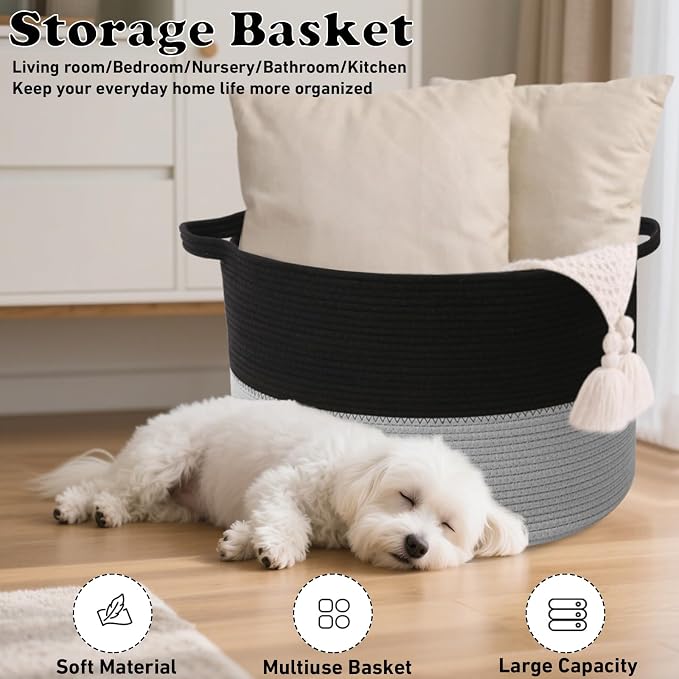 115L Large Blanket Basket, 23.6"L x 23.6"W x 15.7"H Rope Woven Baskets - Image 6