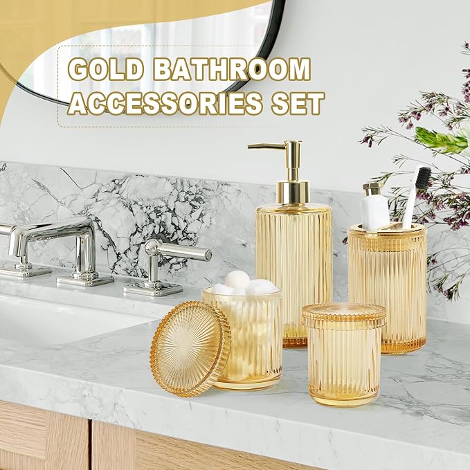 Gold Bathroom Accessories 4 Pcs, Qtip Holder Set, Glass Bathroom Soap Dispenser - Image 6
