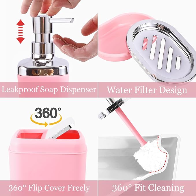 Pink Bathroom Accessory Set, Plastic Bathroom Set - Image 4