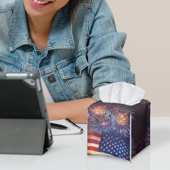 Firework American Flag Tissue Box Holder Square PU Leather Tissue Organizer Case - Image 6