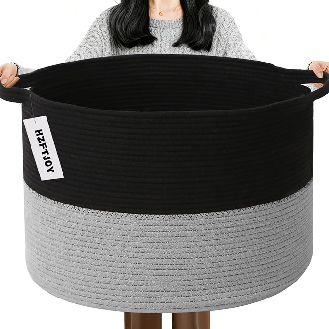 65L Large Blanket Basket, 19.7"L x 19.7"W x 13"H Rope Woven Baskets by HZFTJOY