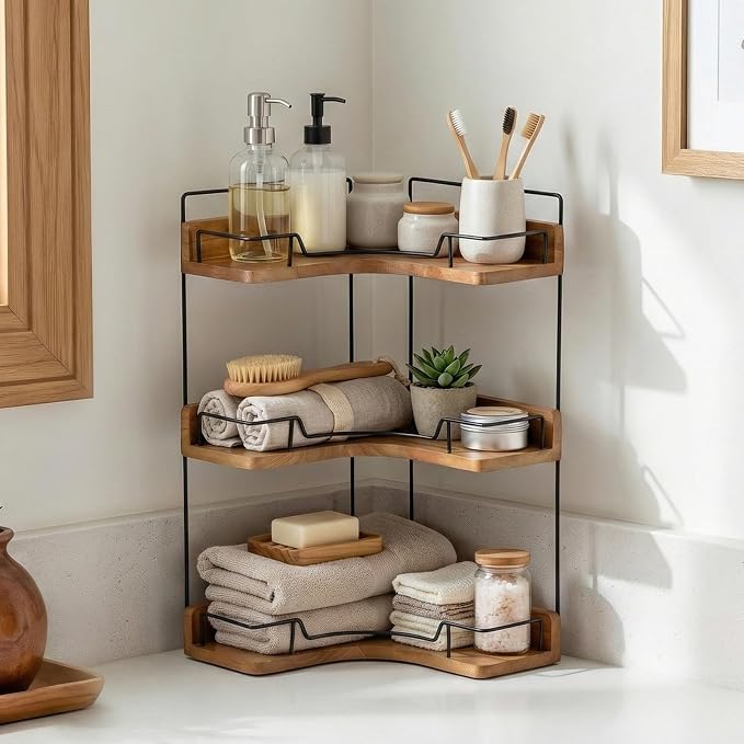 3-Tier Bathroom Counter Organizer, Wooden Corner Shelf - Image 6