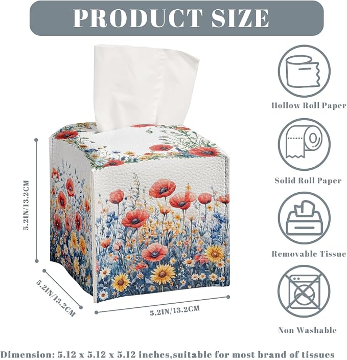 Flower Tissue Box Cover Red Poppy Daisy Wild Garden Watercolor Leather Tissue - Image 3
