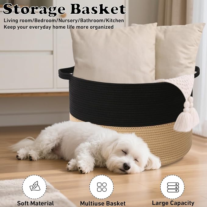 65L Large Blanket Basket, 19.7" L x 19.7" W x 13" H Rope Woven Baskets - Image 6