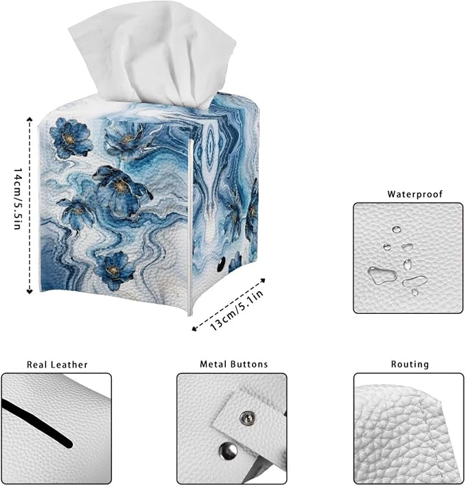 Blue Marble Flower Tissue Box Holder Waterproof PU Leather Square Modern Tissue - Image 7