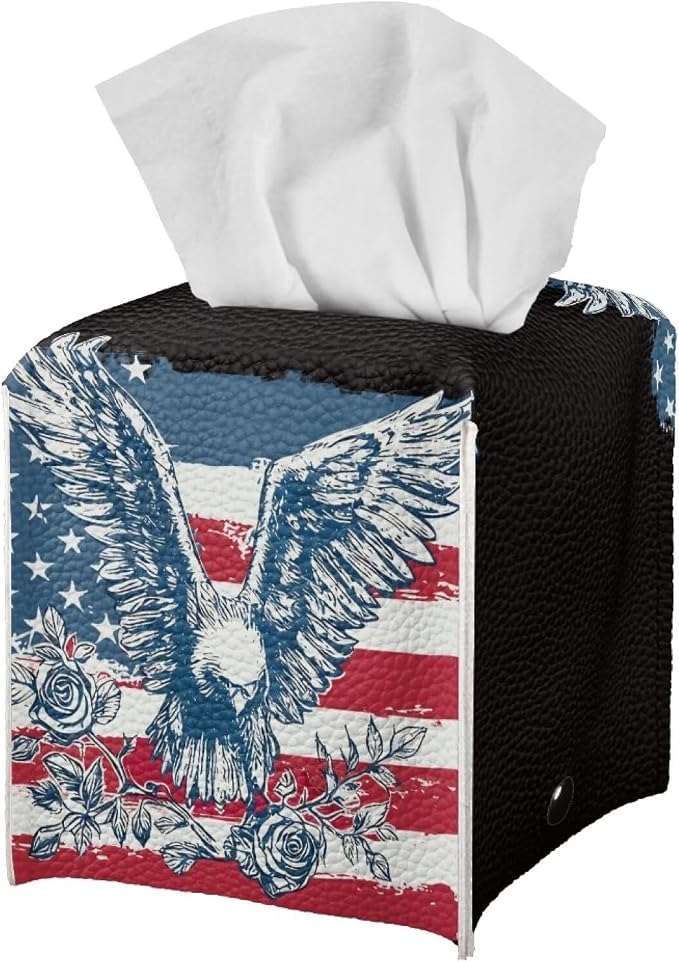 American Flag Eagle Tissue Box Holder Waterproof PU Leather Square Modern - Image 2