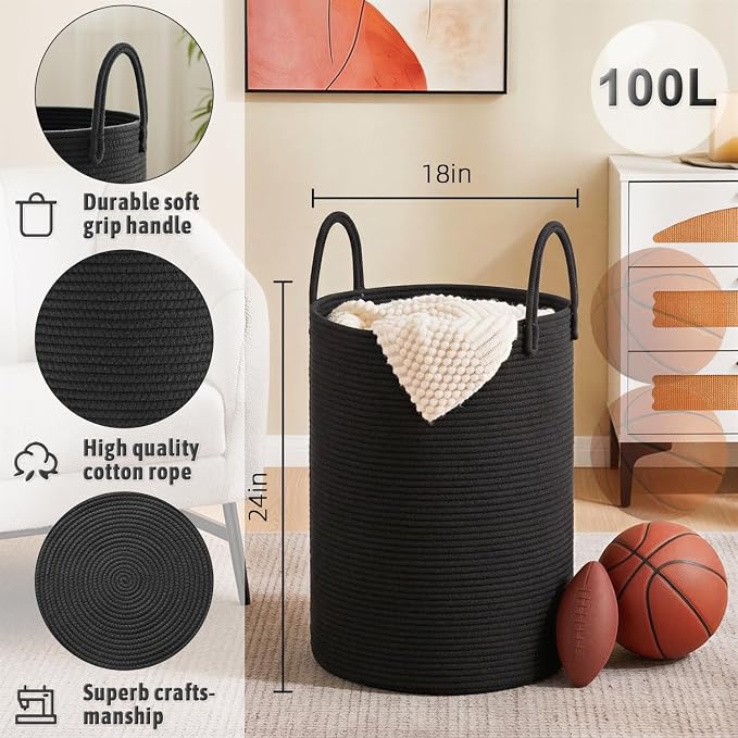 Laundry Basket, Woven Cotton Rope Laundry Hamper, 100L - Image 6