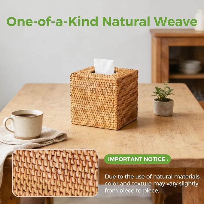 Natural Rattan Tissue Box Cover, Hand Woven Square Wicker Holder - Image 5