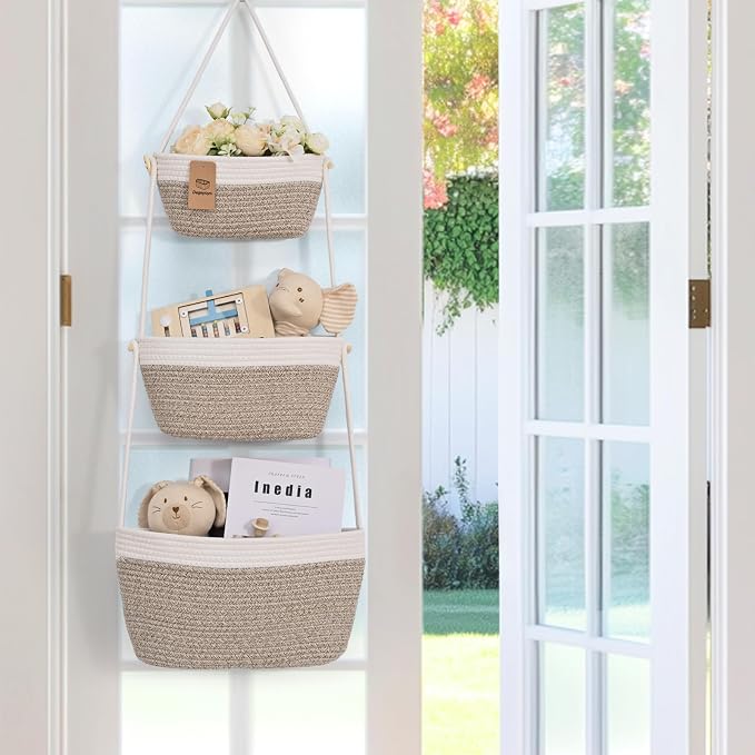 Hanging Storage Baskets, Over the Door Basket, Cotton Wall Baskets Storage - Image 3