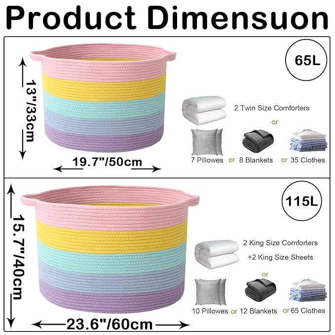 115L Large Blanket Basket, 23.6" L x 23.6" W x 15.7" H Rope Woven Baskets - Image 2
