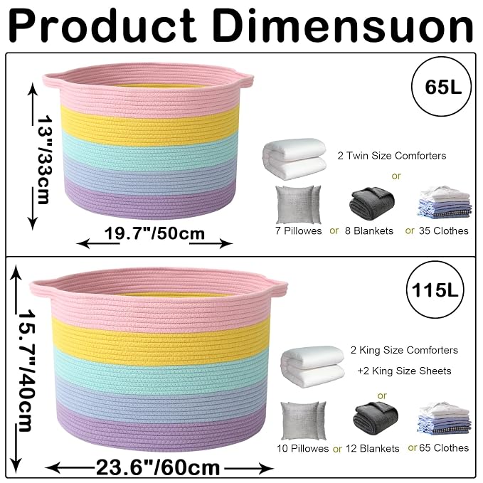 65L Large Blanket Basket, 19.7" L x 19.7" W x 13" H Rope Woven Baskets - Image 2