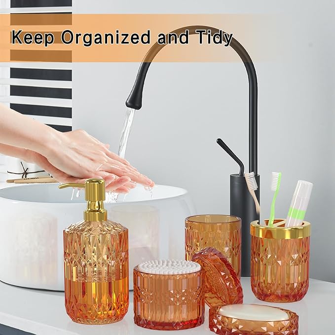 Orange Glass Bathroom Accessories Set 5 Pcs, Soap Dispenser and Toothbrush - Image 4