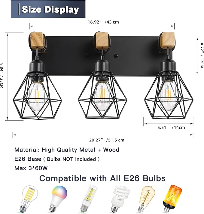 3-Light Farmhouse Bathroom Vanity Light Fixtures, Wood Bathroom Light Fixtures - Image 3