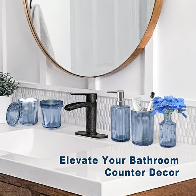 Blue Bathroom Accessories 5 Pcs, Glass Bathroom Accessory Set, Vintage Blue - Image 7