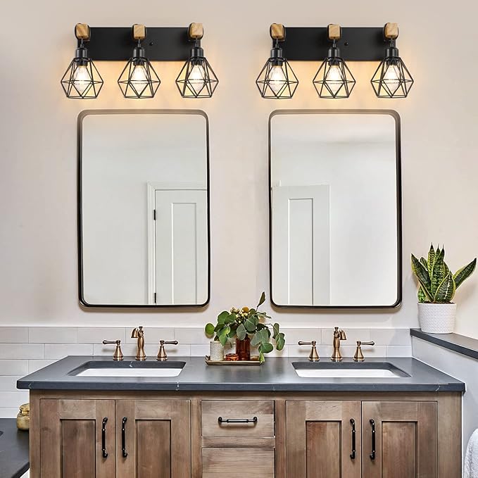 3-Light Farmhouse Bathroom Vanity Light Fixtures, Wood Bathroom Light Fixtures - Image 5