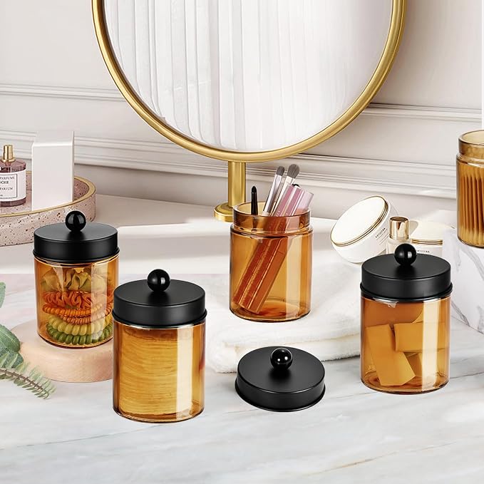 Amolliar Bronze Glass Apothecary Jar, Qtip Holder Metal Lid & Stickers - Image 3