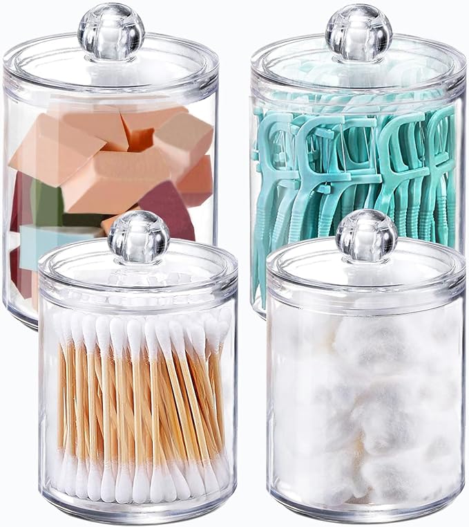 4 Pack Qtip Holder Dispenser for Cotton Ball, Round Pads, Floss - 10 oz Clear by WISIEW