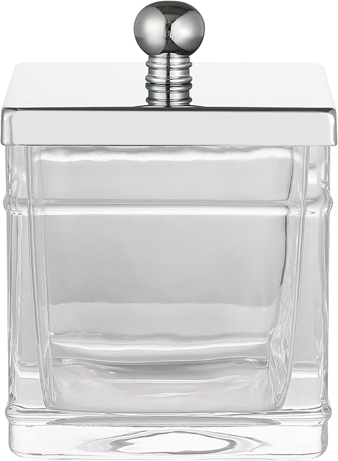 Apothecary Glass Cotton Jar Holder Silver Stainless Steel Lid, Elegant Bathroom by IndecorHome