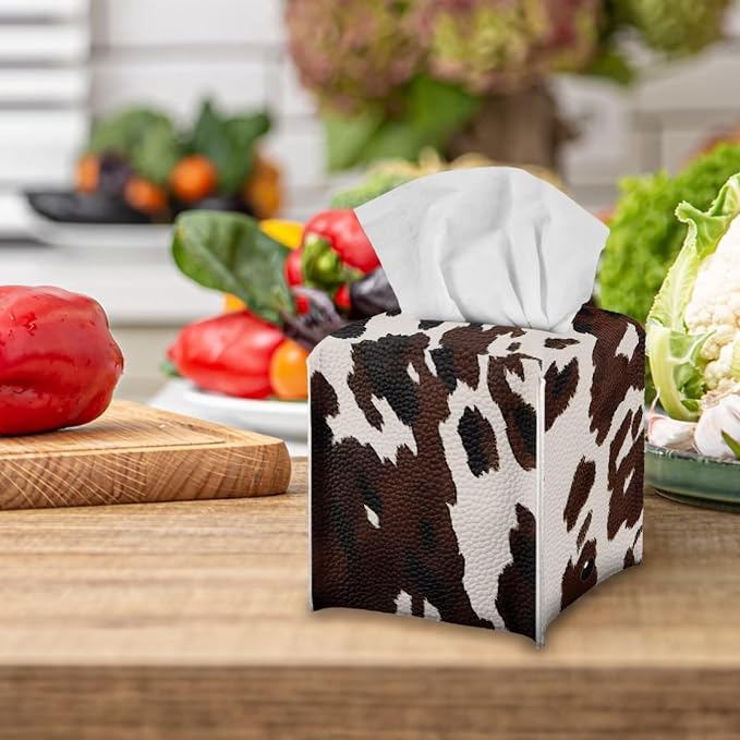 Cowhide Print Tissue Box Cover Modern Square Tissue Box Organizer Decorative PU - Image 5