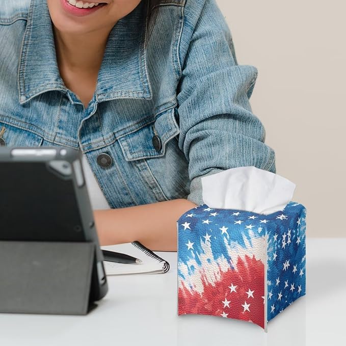 American Tie Dye Decorative Tissue Box Cover, Waterproof PU Leather Square - Image 6