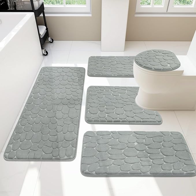 YIHOUSE Bathroom Rugs Mat Set 5 Piece Light Grey, Memory Foam Bath Mats Sets by YIHOUSE